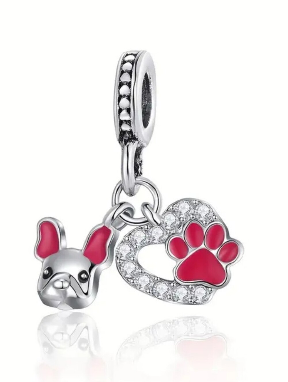 Silver Dog & Paw Heart Dangle Charm - Pink Accents